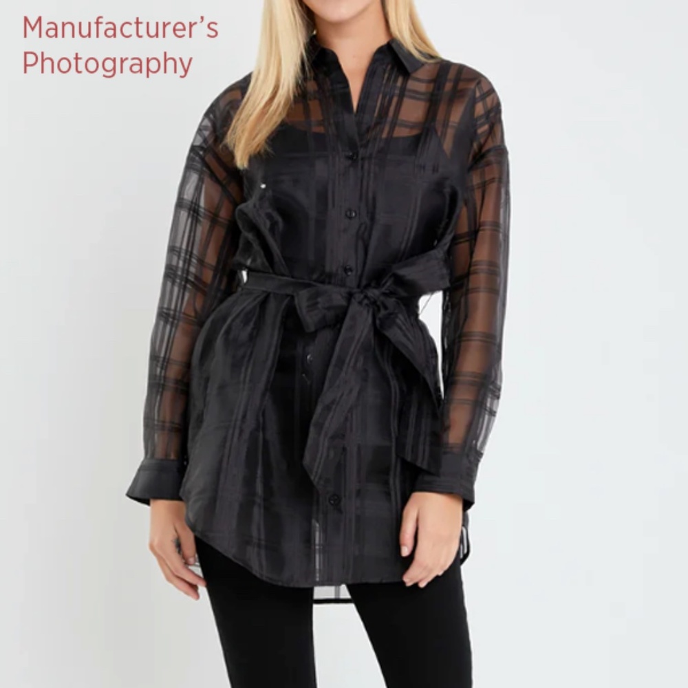 Sheer Organza Tie-Front Long Shirt - L